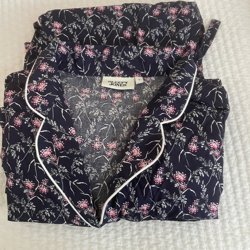 Sleepy Jones Navy Floral Pajama Set with Pink Accents